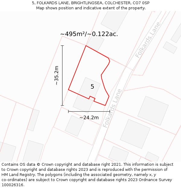 5, FOLKARDS LANE, BRIGHTLINGSEA, COLCHESTER, CO7 0SP: Plot and title map