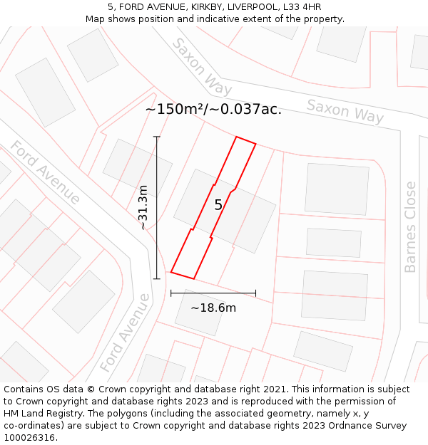 5, FORD AVENUE, KIRKBY, LIVERPOOL, L33 4HR: Plot and title map