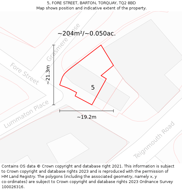 5, FORE STREET, BARTON, TORQUAY, TQ2 8BD: Plot and title map