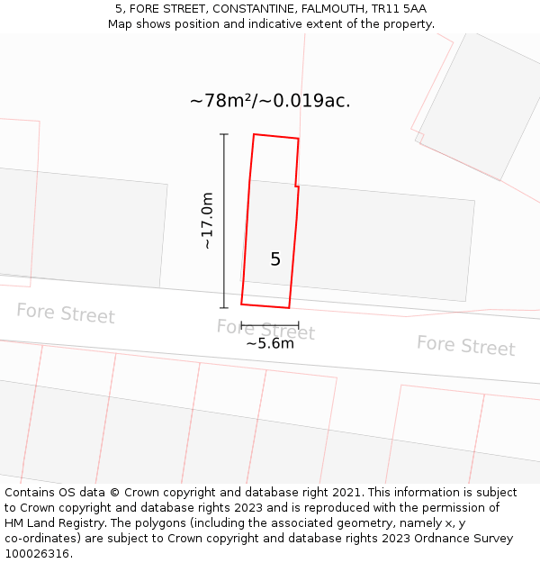 5, FORE STREET, CONSTANTINE, FALMOUTH, TR11 5AA: Plot and title map