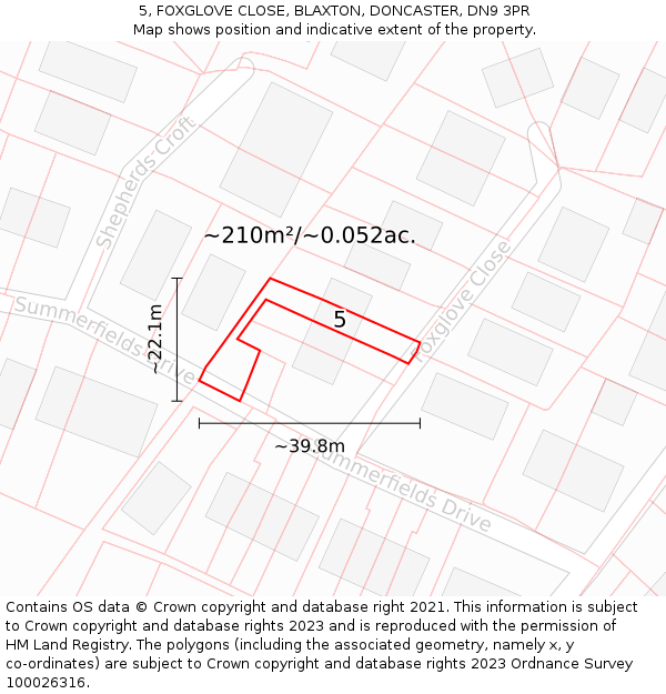 5, FOXGLOVE CLOSE, BLAXTON, DONCASTER, DN9 3PR: Plot and title map
