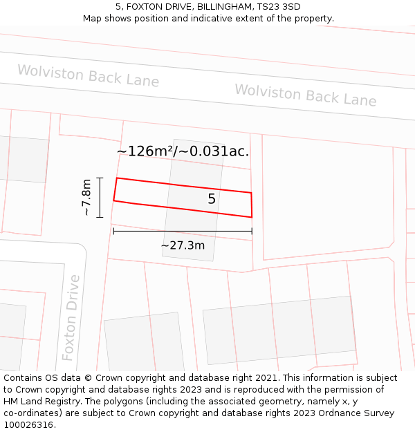 5, FOXTON DRIVE, BILLINGHAM, TS23 3SD: Plot and title map