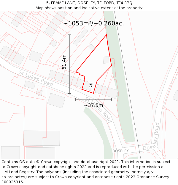 5, FRAME LANE, DOSELEY, TELFORD, TF4 3BQ: Plot and title map