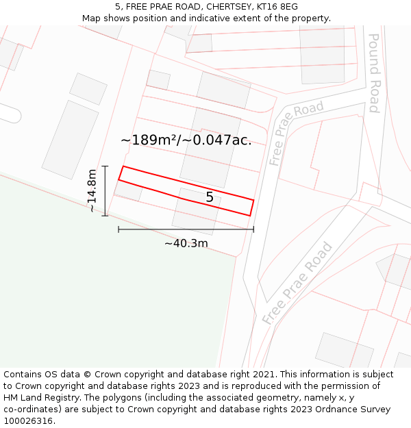 5, FREE PRAE ROAD, CHERTSEY, KT16 8EG: Plot and title map