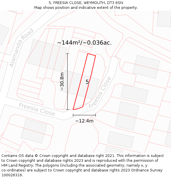 5, FREESIA CLOSE, WEYMOUTH, DT3 6SN: Plot and title map