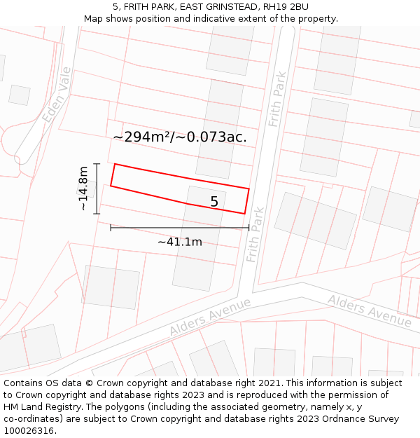 5, FRITH PARK, EAST GRINSTEAD, RH19 2BU: Plot and title map