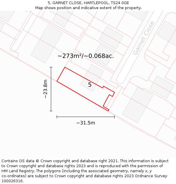 5, GARNET CLOSE, HARTLEPOOL, TS24 0GE: Plot and title map