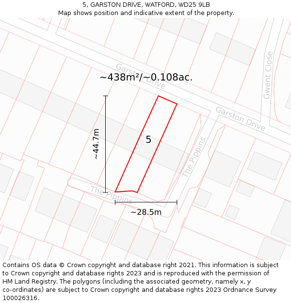 5, GARSTON DRIVE, WATFORD, WD25 9LB: Plot and title map
