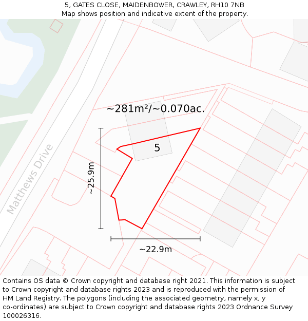 5, GATES CLOSE, MAIDENBOWER, CRAWLEY, RH10 7NB: Plot and title map