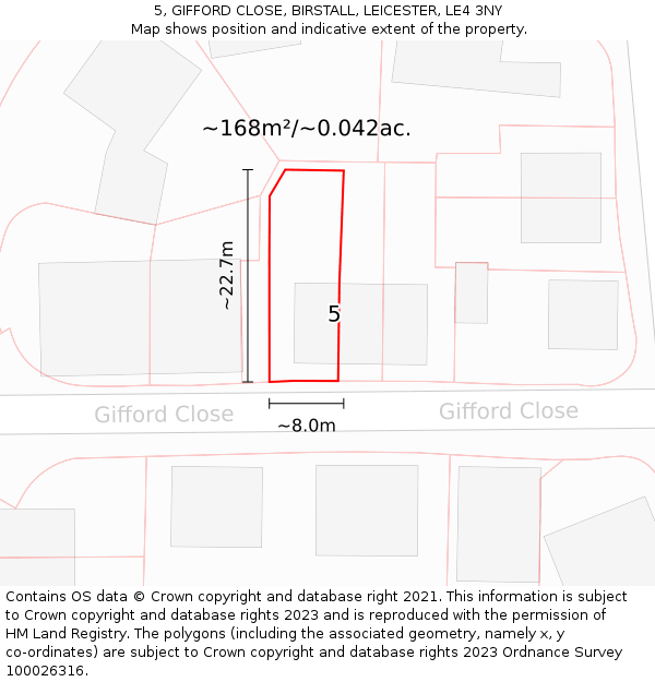 5, GIFFORD CLOSE, BIRSTALL, LEICESTER, LE4 3NY: Plot and title map