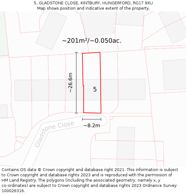 5, GLADSTONE CLOSE, KINTBURY, HUNGERFORD, RG17 9XU: Plot and title map