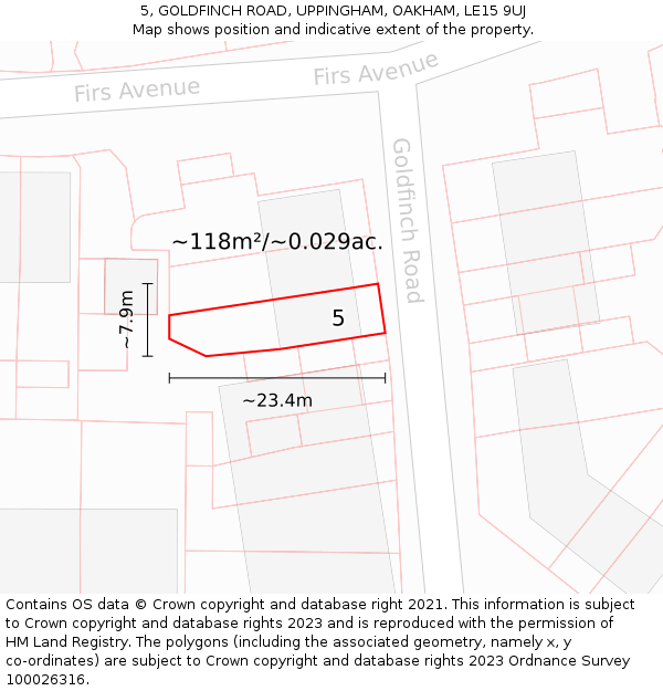 5, GOLDFINCH ROAD, UPPINGHAM, OAKHAM, LE15 9UJ: Plot and title map