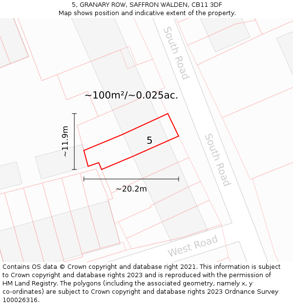 5, GRANARY ROW, SAFFRON WALDEN, CB11 3DF: Plot and title map