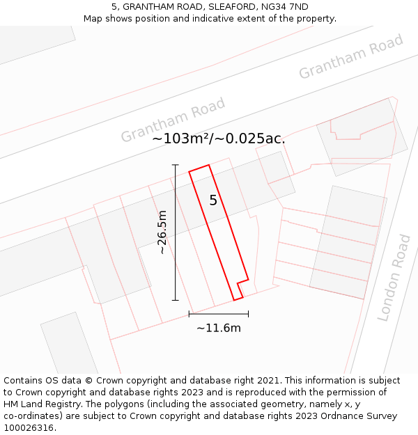 5, GRANTHAM ROAD, SLEAFORD, NG34 7ND: Plot and title map