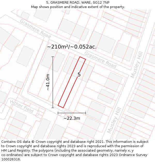 5, GRASMERE ROAD, WARE, SG12 7NP: Plot and title map