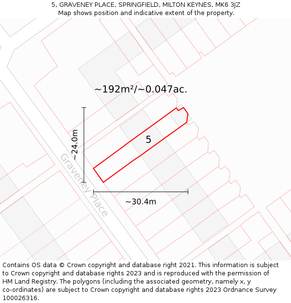 5, GRAVENEY PLACE, SPRINGFIELD, MILTON KEYNES, MK6 3JZ: Plot and title map