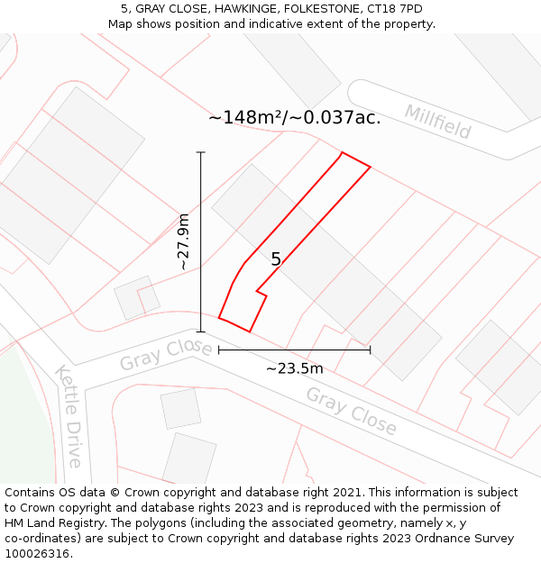 5, GRAY CLOSE, HAWKINGE, FOLKESTONE, CT18 7PD: Plot and title map