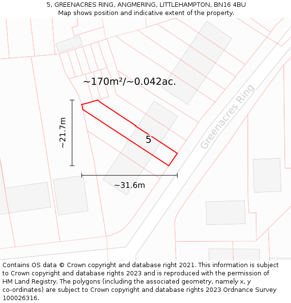 5, GREENACRES RING, ANGMERING, LITTLEHAMPTON, BN16 4BU: Plot and title map