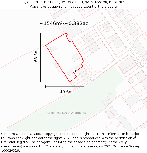 5, GREENFIELD STREET, BYERS GREEN, SPENNYMOOR, DL16 7PD: Plot and title map