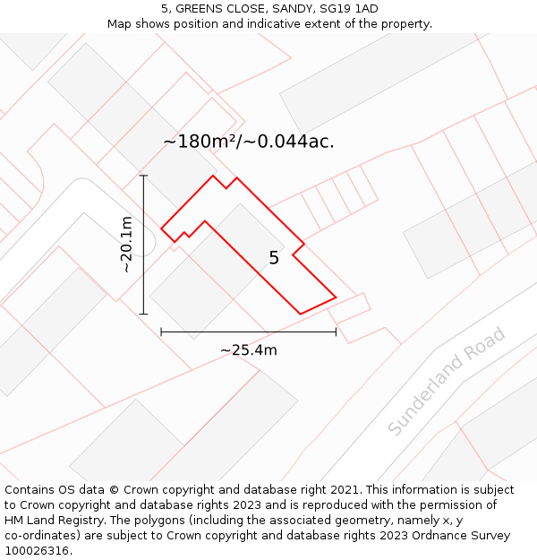 5, GREENS CLOSE, SANDY, SG19 1AD: Plot and title map