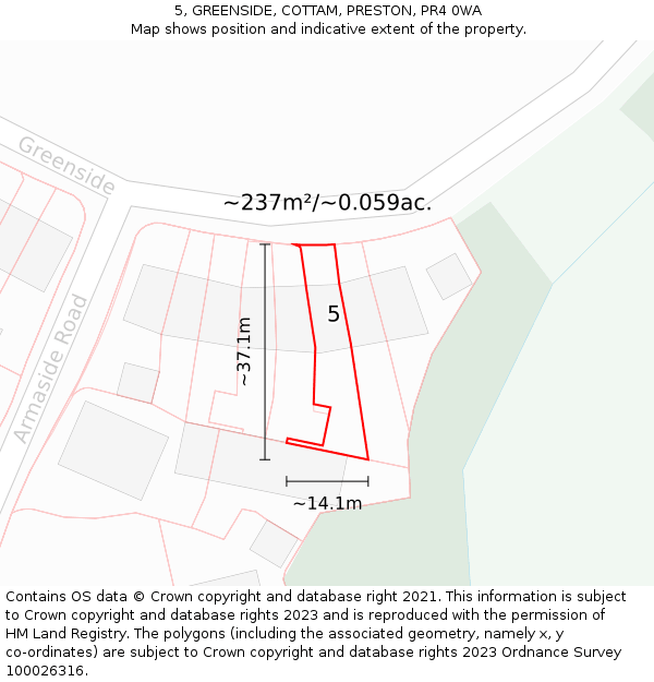 5, GREENSIDE, COTTAM, PRESTON, PR4 0WA: Plot and title map