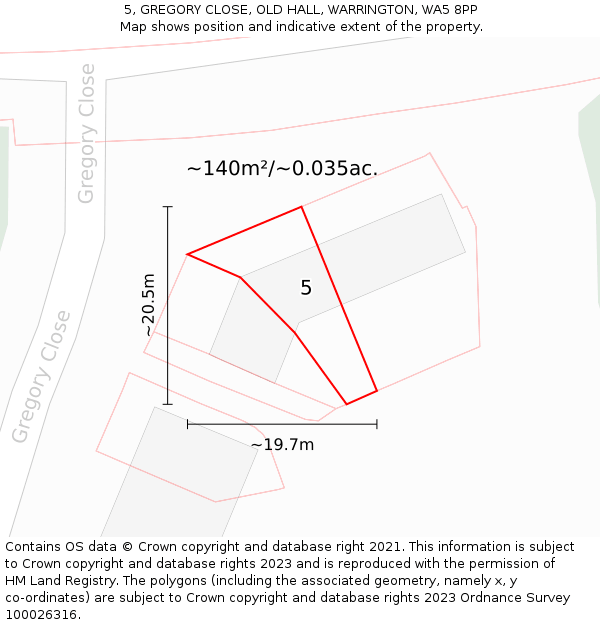 5, GREGORY CLOSE, OLD HALL, WARRINGTON, WA5 8PP: Plot and title map