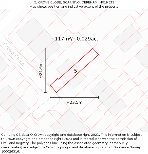 5, GROVE CLOSE, SCARNING, DEREHAM, NR19 2TE: Plot and title map