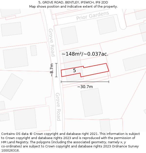 5, GROVE ROAD, BENTLEY, IPSWICH, IP9 2DD: Plot and title map