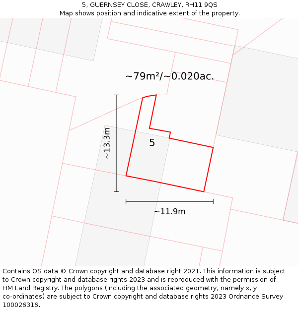 5, GUERNSEY CLOSE, CRAWLEY, RH11 9QS: Plot and title map