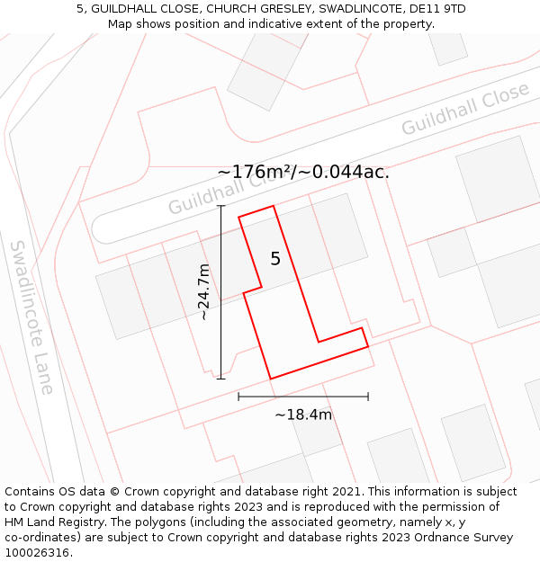 5, GUILDHALL CLOSE, CHURCH GRESLEY, SWADLINCOTE, DE11 9TD: Plot and title map