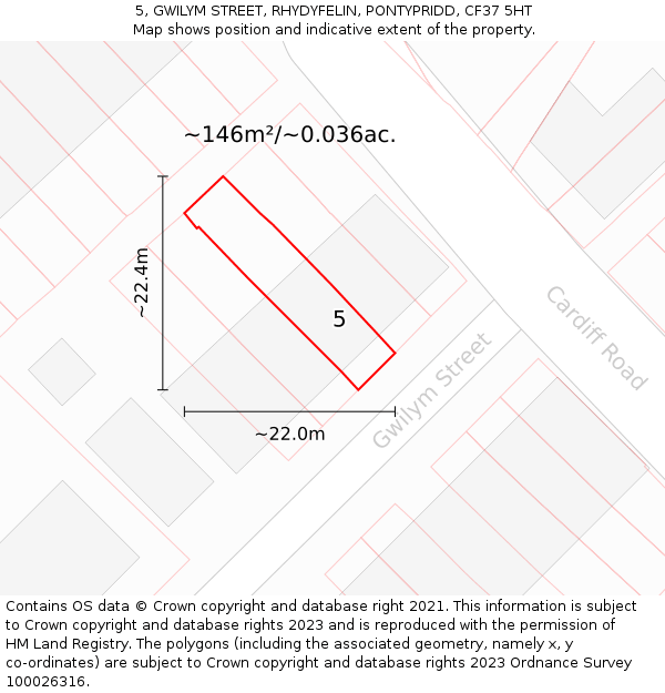 5, GWILYM STREET, RHYDYFELIN, PONTYPRIDD, CF37 5HT: Plot and title map