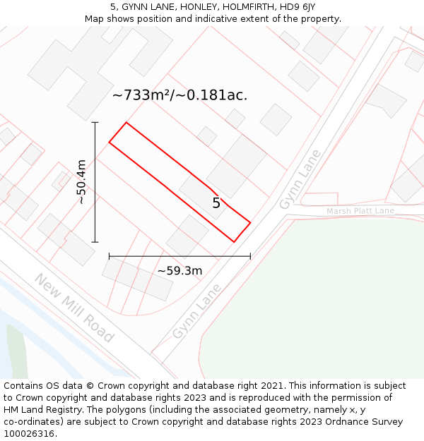 5, GYNN LANE, HONLEY, HOLMFIRTH, HD9 6JY: Plot and title map