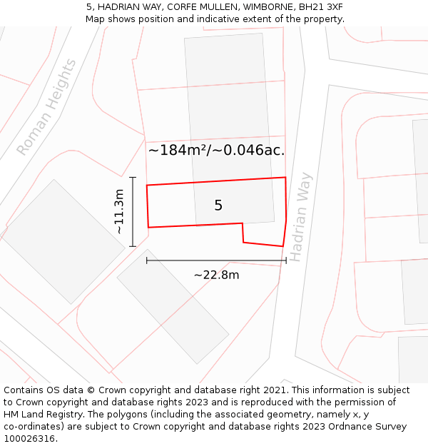 5, HADRIAN WAY, CORFE MULLEN, WIMBORNE, BH21 3XF: Plot and title map