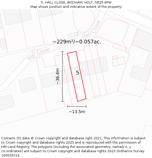 5, HALL CLOSE, BODHAM, HOLT, NR25 6PW: Plot and title map