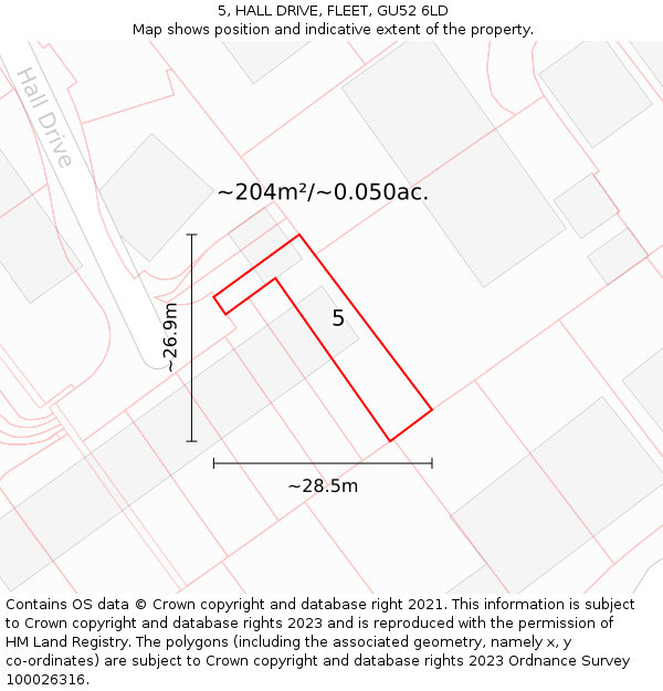 5, HALL DRIVE, FLEET, GU52 6LD: Plot and title map