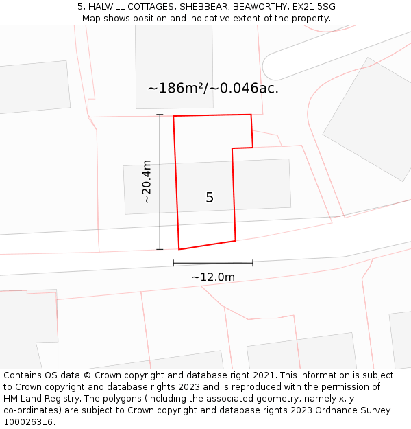 5, HALWILL COTTAGES, SHEBBEAR, BEAWORTHY, EX21 5SG: Plot and title map