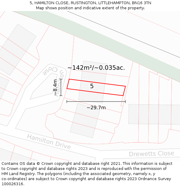 5, HAMILTON CLOSE, RUSTINGTON, LITTLEHAMPTON, BN16 3TN: Plot and title map