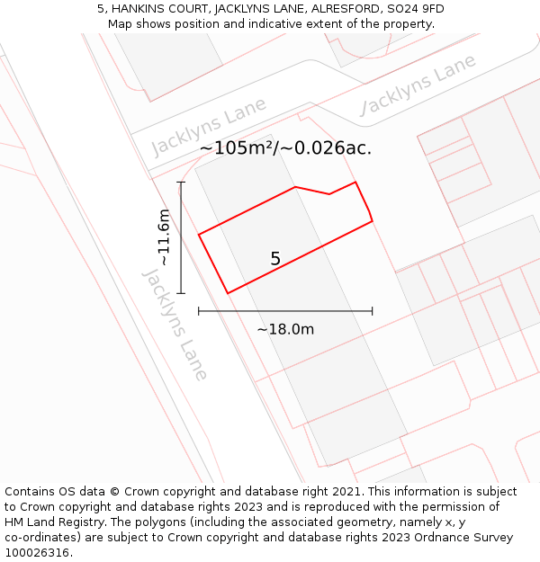 5, HANKINS COURT, JACKLYNS LANE, ALRESFORD, SO24 9FD: Plot and title map