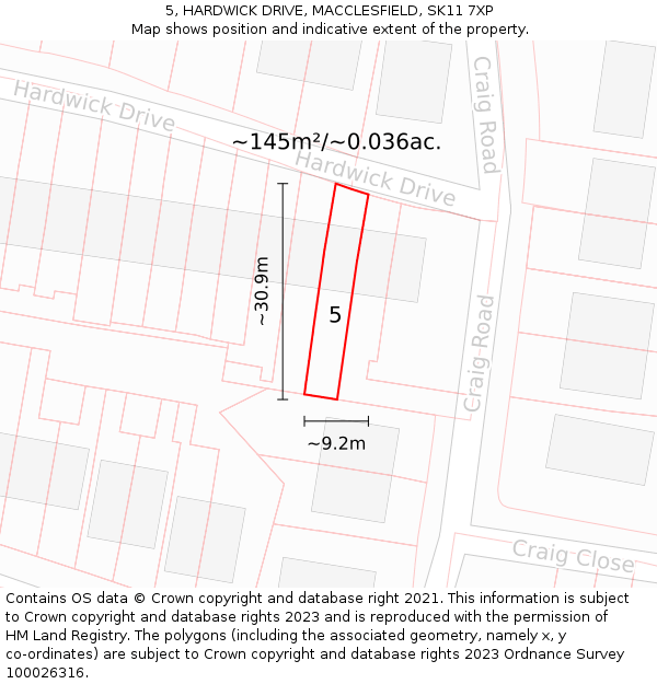 5, HARDWICK DRIVE, MACCLESFIELD, SK11 7XP: Plot and title map