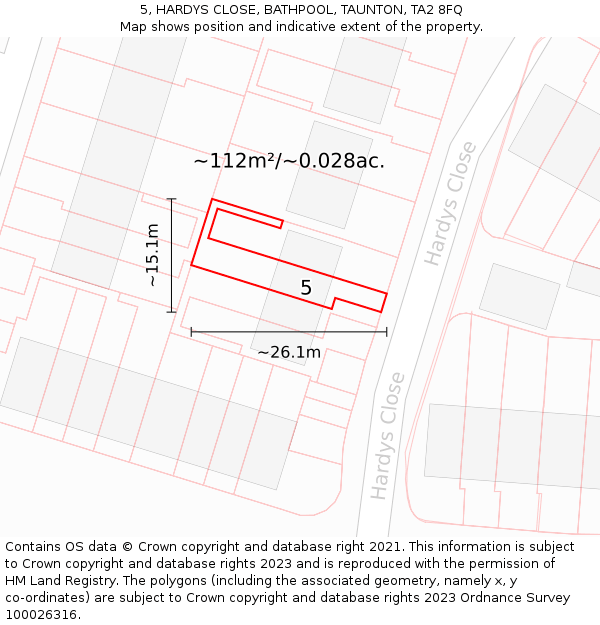 5, HARDYS CLOSE, BATHPOOL, TAUNTON, TA2 8FQ: Plot and title map