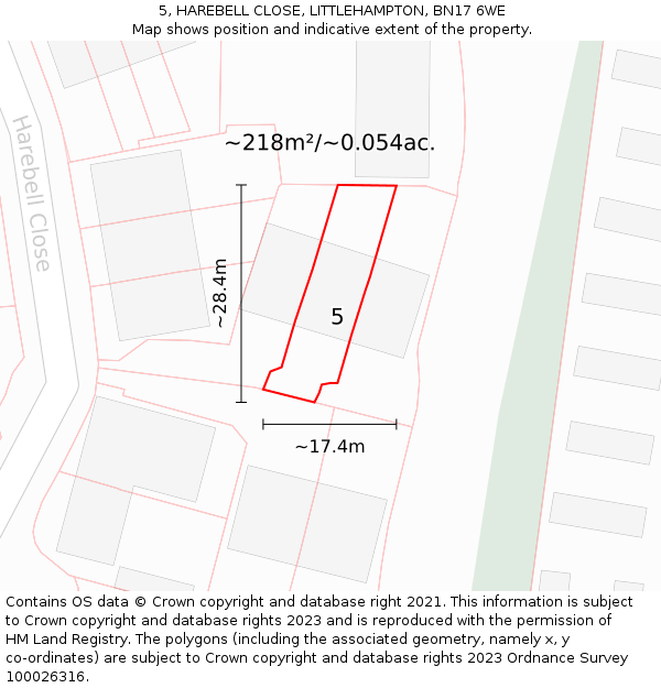 5, HAREBELL CLOSE, LITTLEHAMPTON, BN17 6WE: Plot and title map