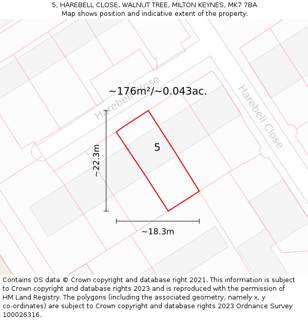 5, HAREBELL CLOSE, WALNUT TREE, MILTON KEYNES, MK7 7BA: Plot and title map