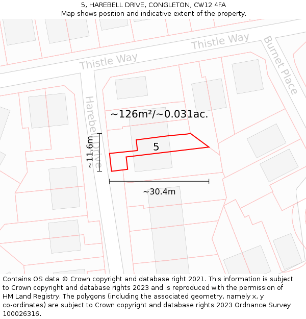 5, HAREBELL DRIVE, CONGLETON, CW12 4FA: Plot and title map