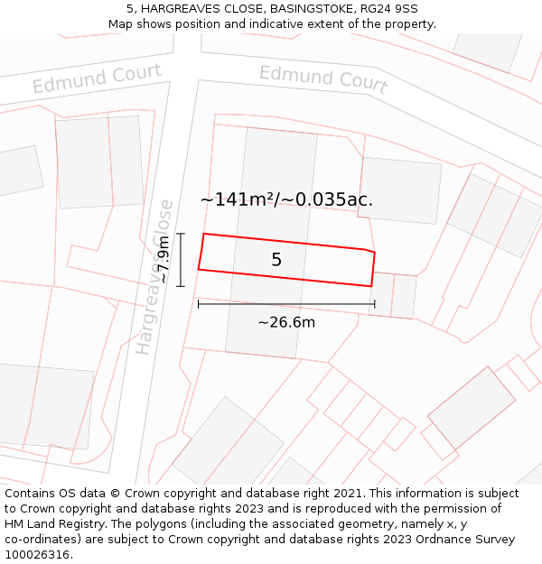 5, HARGREAVES CLOSE, BASINGSTOKE, RG24 9SS: Plot and title map