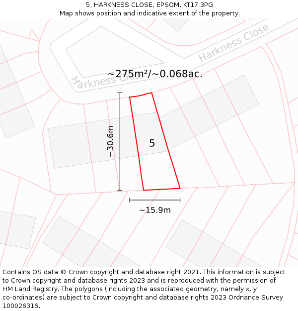 5, HARKNESS CLOSE, EPSOM, KT17 3PG: Plot and title map