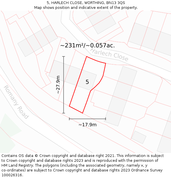 5, HARLECH CLOSE, WORTHING, BN13 3QS: Plot and title map