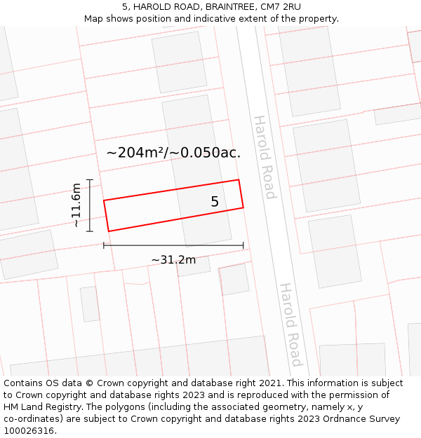 5, HAROLD ROAD, BRAINTREE, CM7 2RU: Plot and title map