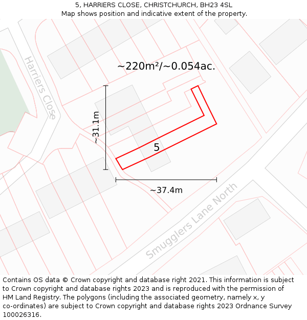 5, HARRIERS CLOSE, CHRISTCHURCH, BH23 4SL: Plot and title map