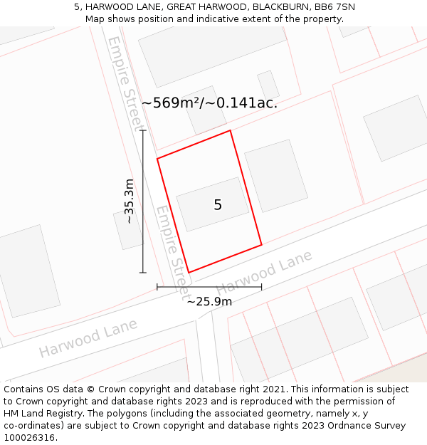 5, HARWOOD LANE, GREAT HARWOOD, BLACKBURN, BB6 7SN: Plot and title map