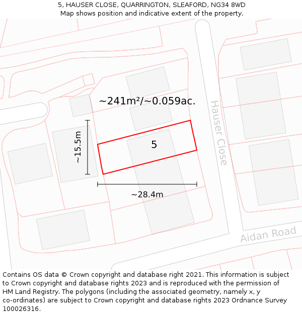 5, HAUSER CLOSE, QUARRINGTON, SLEAFORD, NG34 8WD: Plot and title map